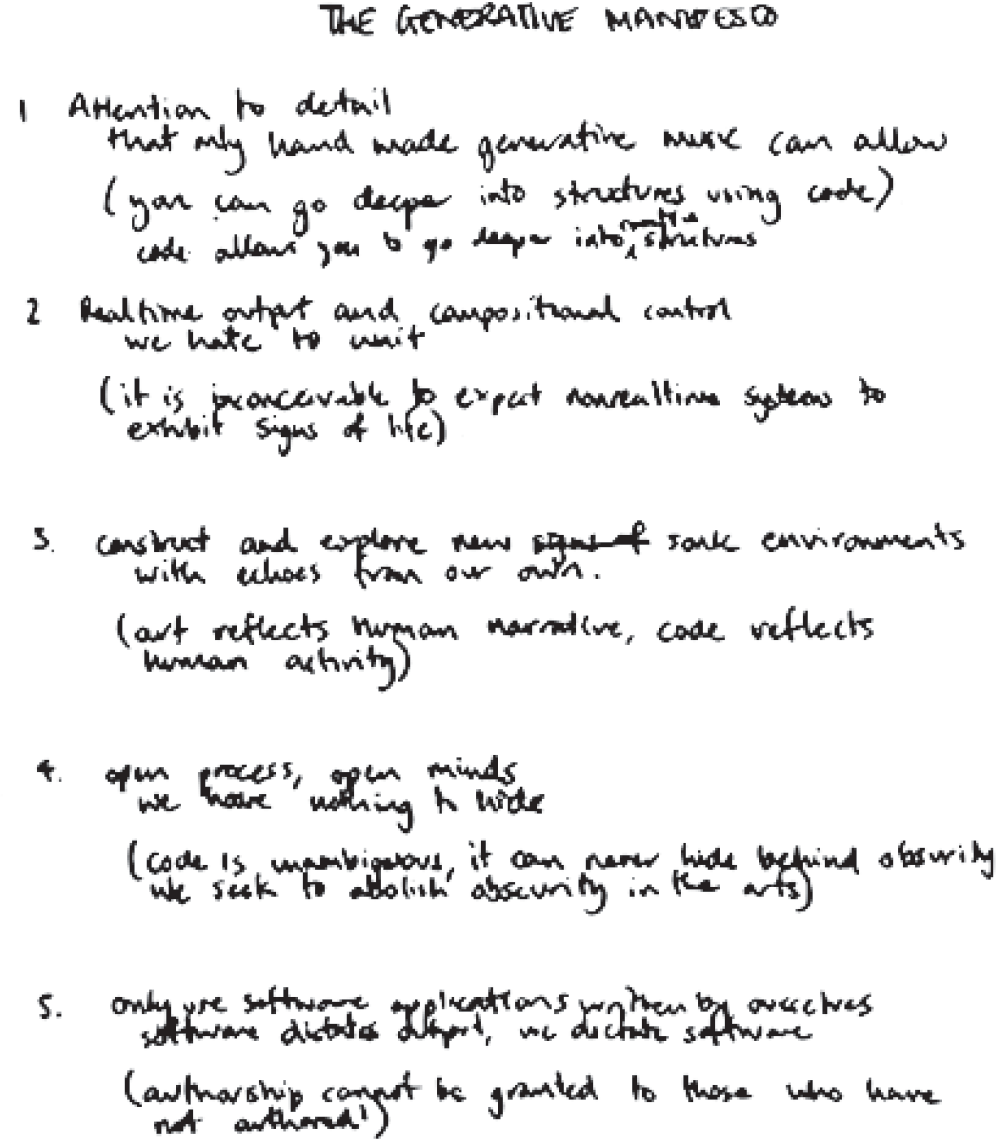 Figure 2.1 ¶ The original handwritten slub “Generative Manifesto.” ¶ Source: From Adrian Ward and Alex McLean.