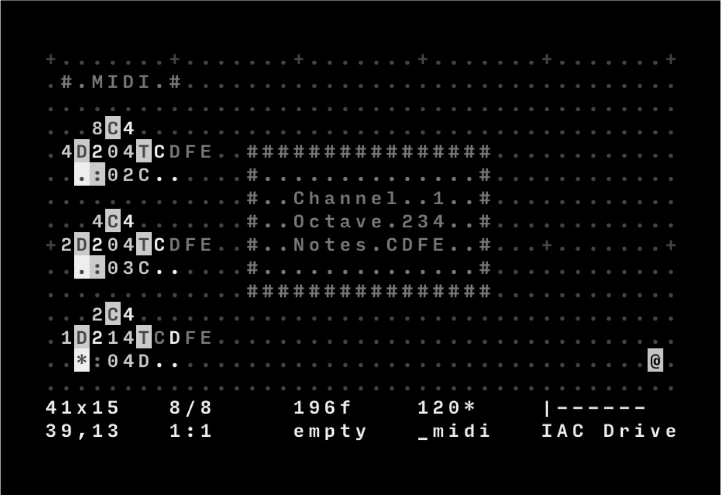 Figure 4.3 ¶ Orca live coding environment. ¶ Source: Screenshot by Alex McLean, generated using Orca software by Devine Lu Linvega.