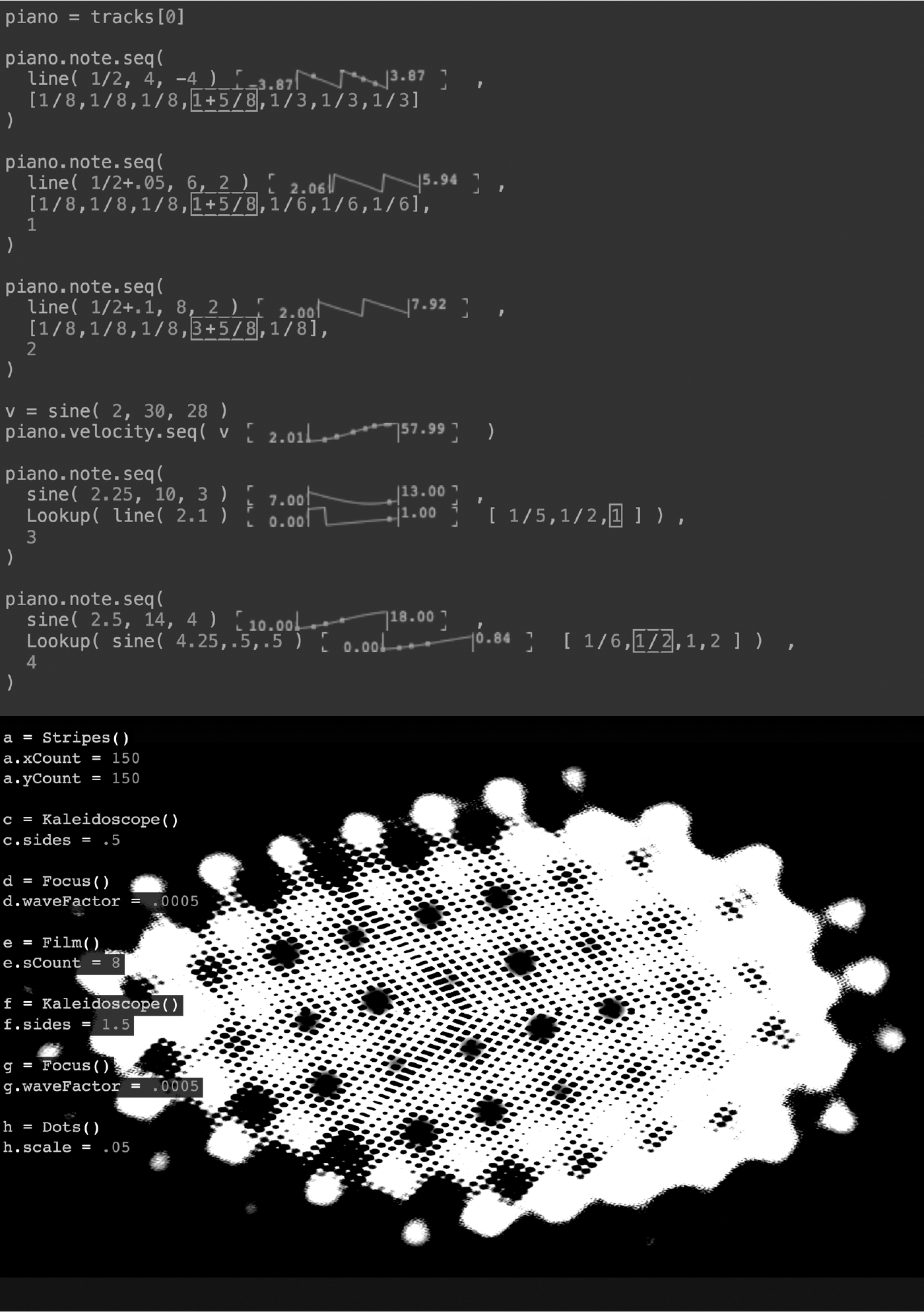 Top image: Annotations in Gibberwocky show waveforms that are periodically sampled to generate musical patterns. Bottom image: Multiple post-processing shaders stacked in Gibber to create an abstract form. ¶ Image credits: Charlie Roberts