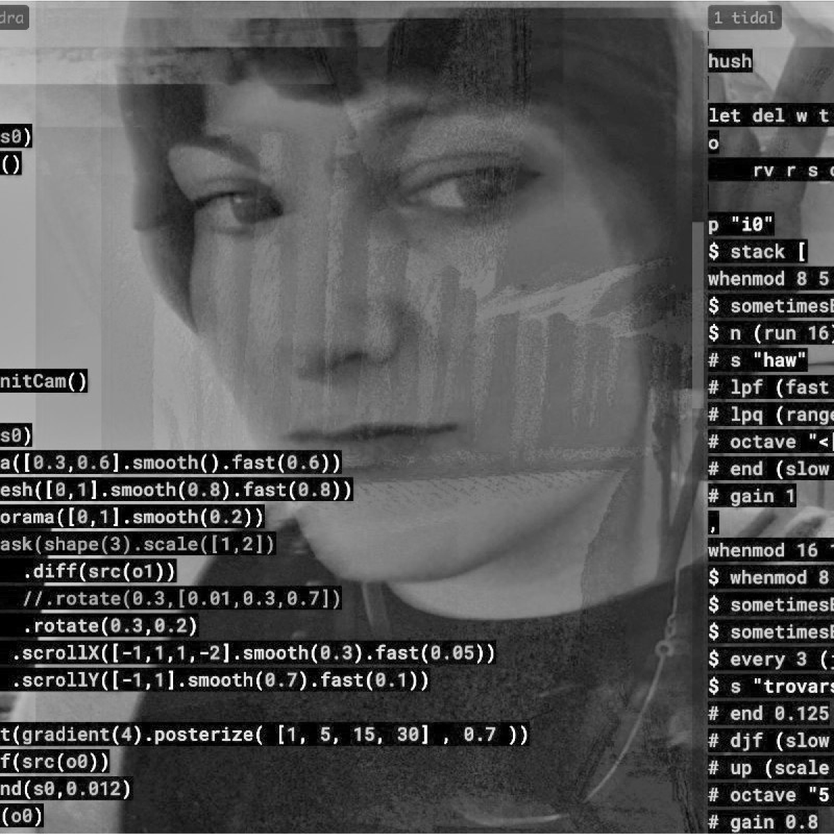 Screenshot of live coding with TidalCycles and Hydra. ¶ Image credit: Iris Saladino