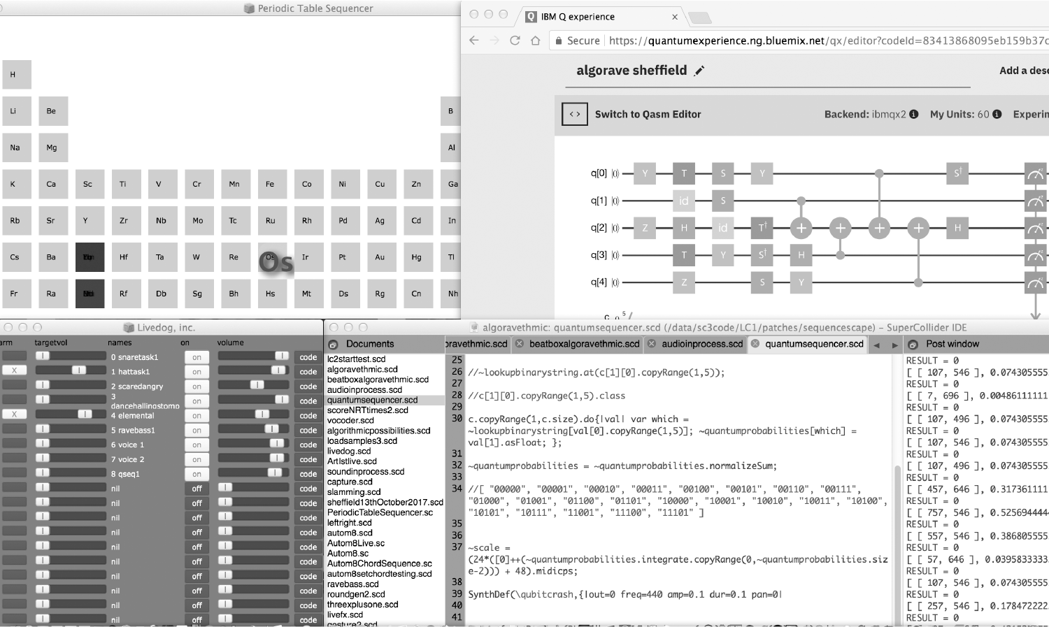 Periodic table sequencer and IBM six qubit frontend in SuperCollider. Image credit: Nick Collins (Live Dog, Inc.)